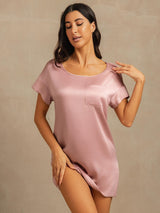 [Ferskenhud] SilkSilky-NO 19Momme Kort erm Rund Hals Nattkjole 003