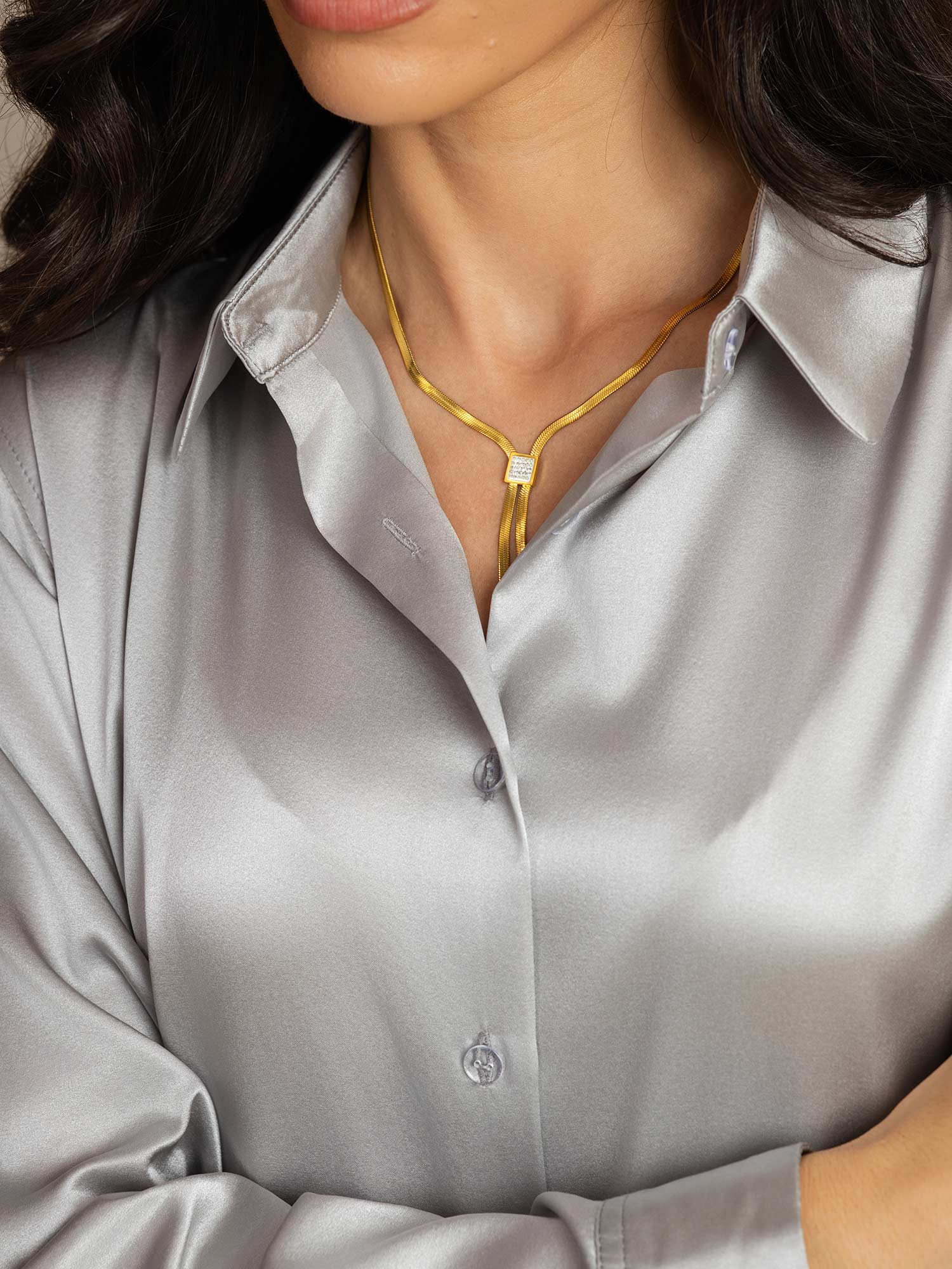 [Lysegrå] SilkSilky-NO Silke Lapel Collar Skjorte for Kvinner 006