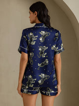 [Marineblå Løve] SilkSilky-NO Short Sleeve Notch Collar Pyjamas for Kvinner 002