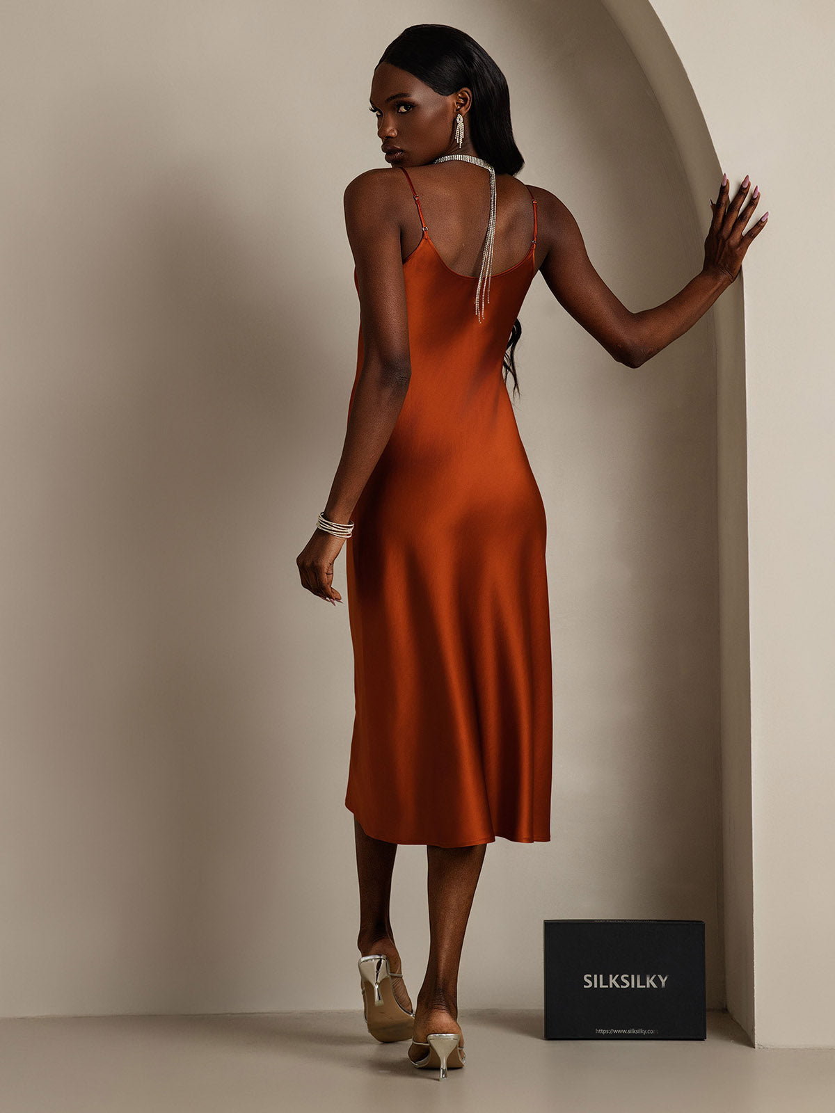 [Karamell] SilkSilky-NO Pure Silk Sleeveless Round Neck Kjole 002