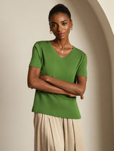 [Grønn] SilkSilky-NO Short Sleeve V Neck T-skjorte for Kvinner 007