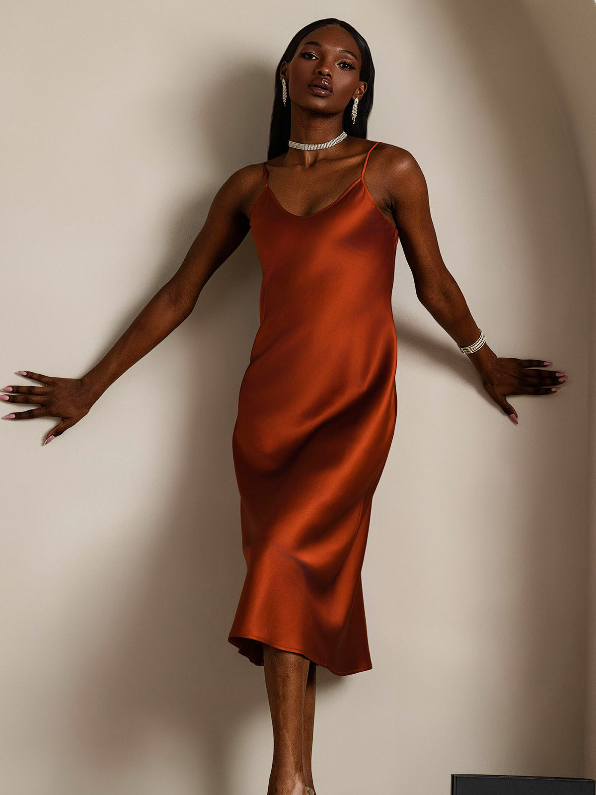 [Karamell] SilkSilky-NO Pure Silk Sleeveless Round Neck Kjole 005