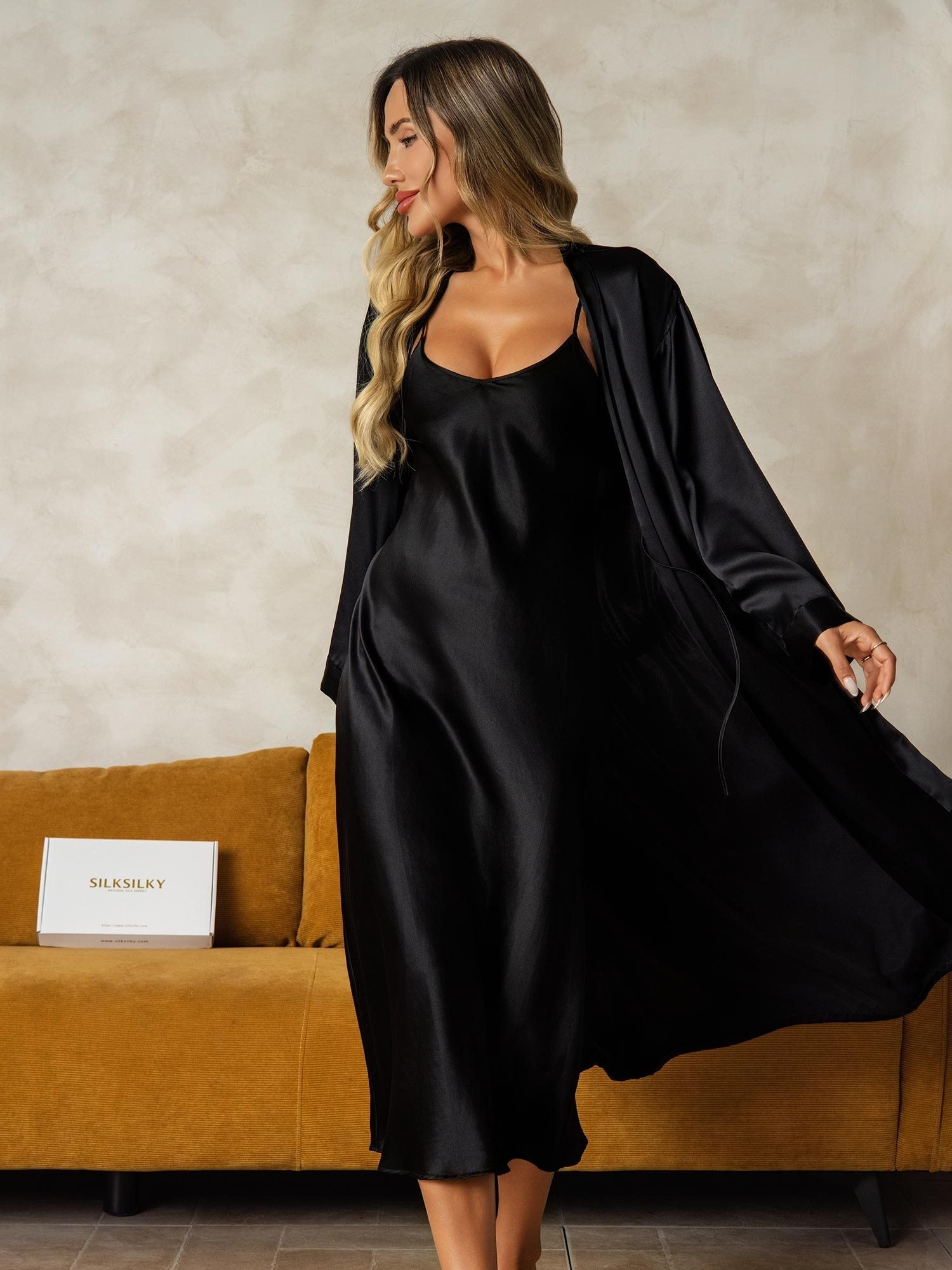 [Svart] SilkSilky-NO Silke Nightgown&Robe Set 005