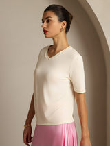 [Beige] SilkSilky-NO Kort erm V Hals T-skjorte for Kvinner 006