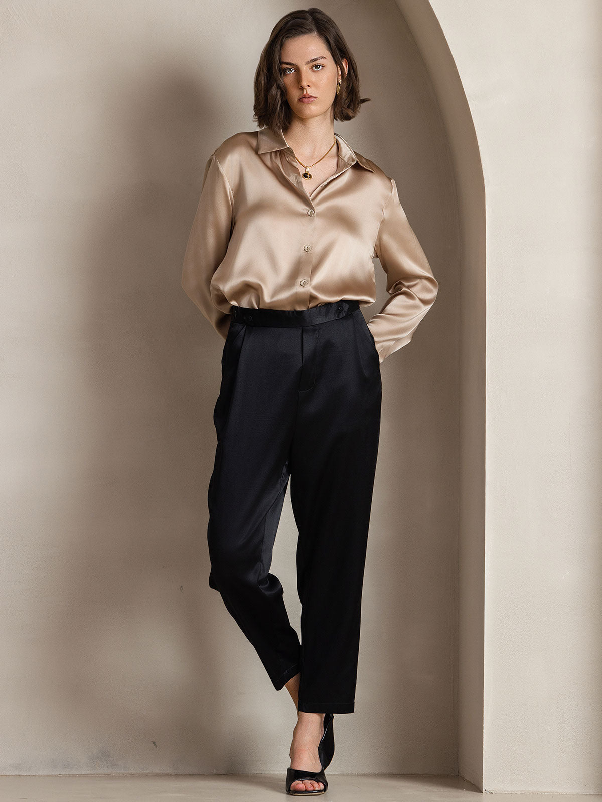 [Champagne] SilkSilky-NO Silke Long Sleeve Collar Skjorte for Kvinner 006