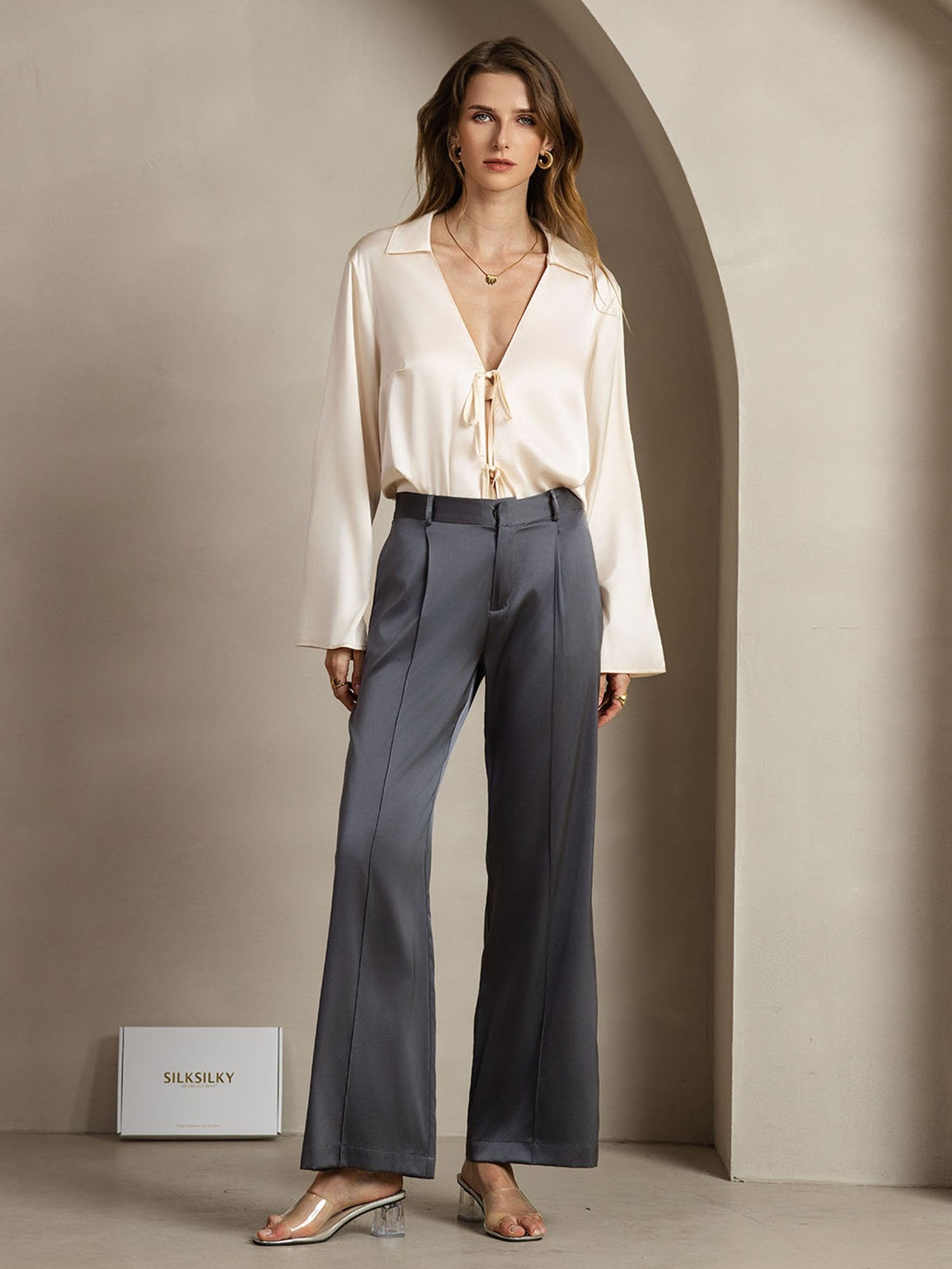 [Mørkegrå] SilkSilky-NO 19Momme Silke Womens Pants 003