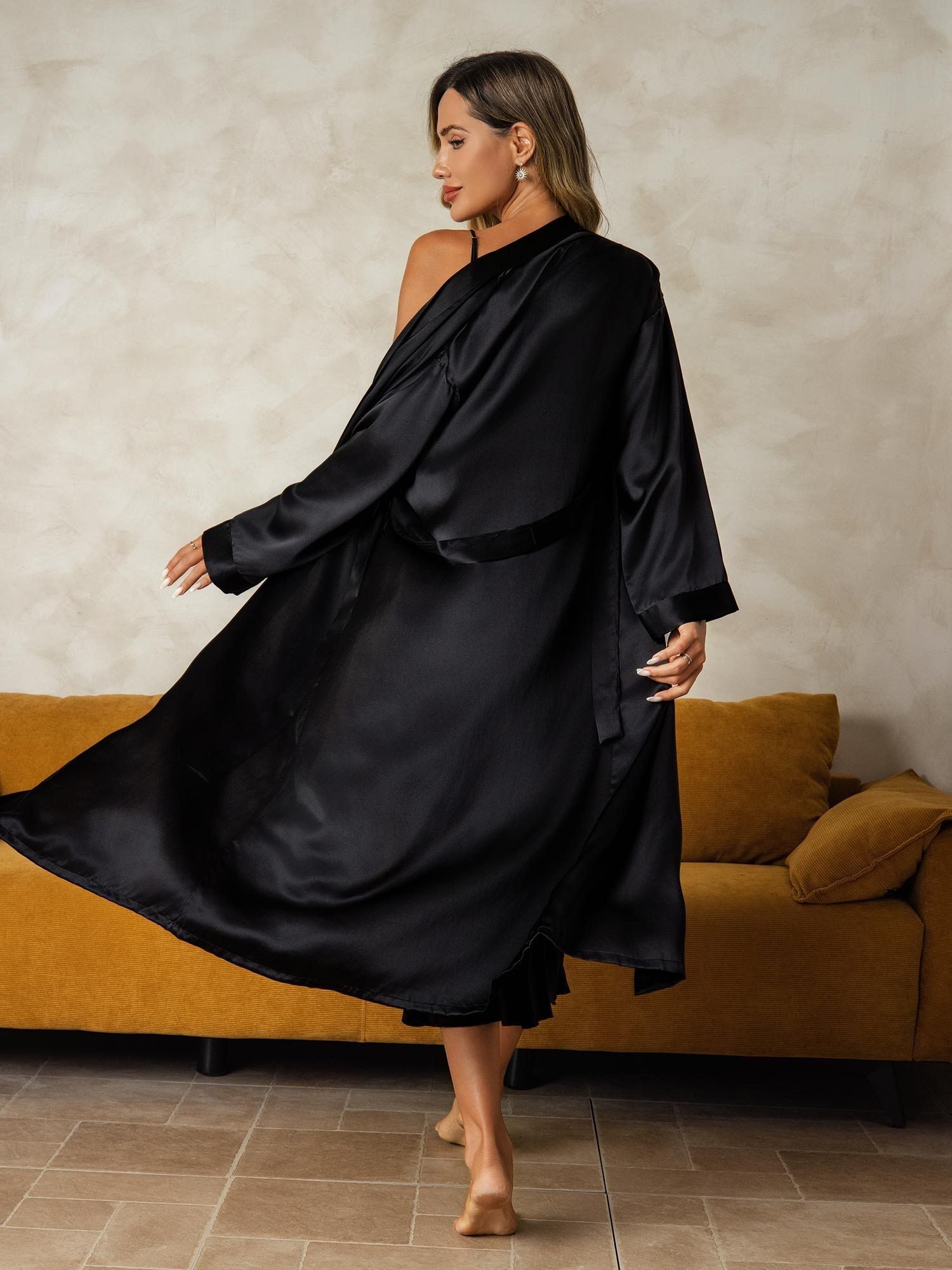 [Svart] SilkSilky-NO Silke Nightgown&Robe Set 002