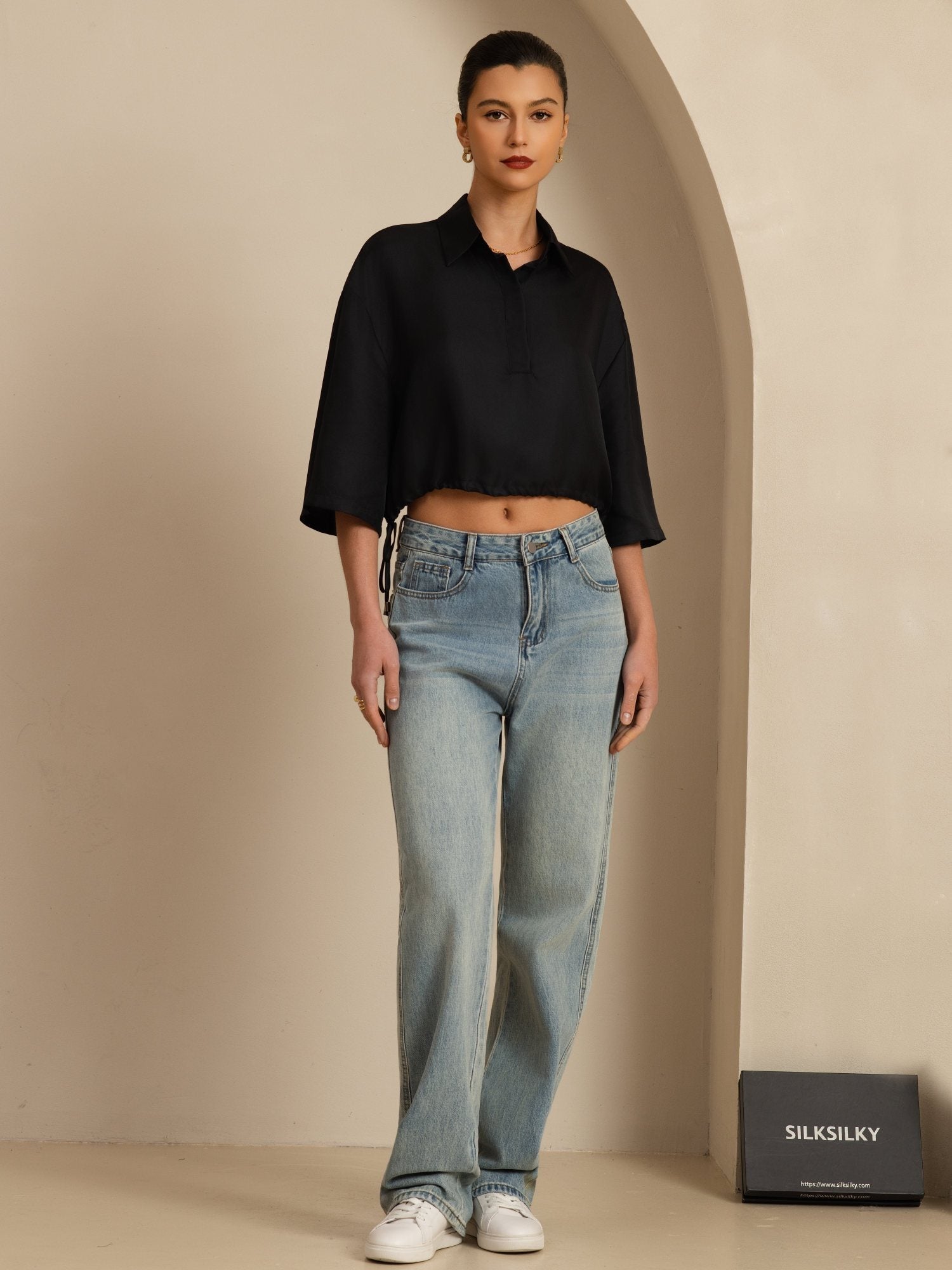 [Svart] SilkSilky-NO 18Momme Halv erme Slagkrage Bluse 006