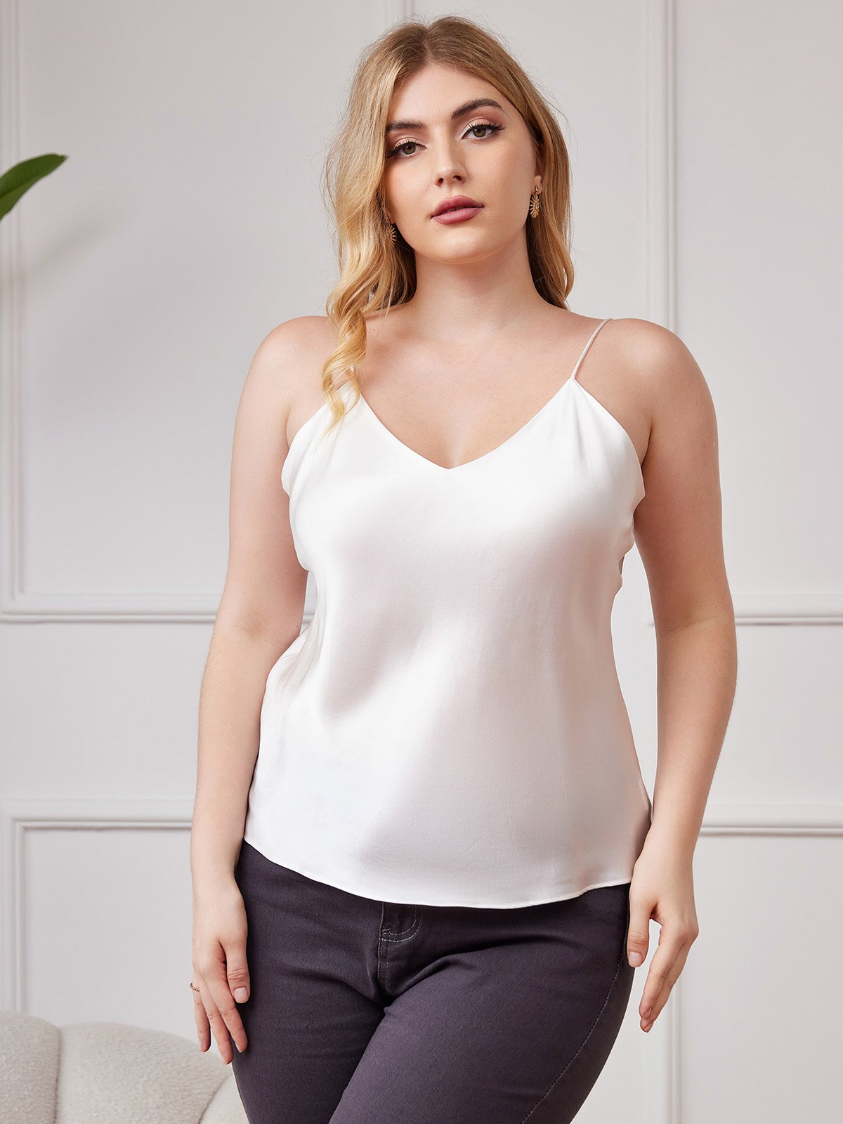 [Hvit] SilkSilky-NO Pure Silk V-Hals Plus Size Camisole Top 001