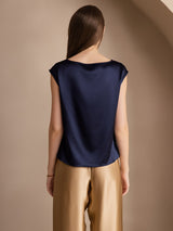 [Mørke blå] SilkSilky-NO Cap Sleeve Cowl Neck T-skjorte for Kvinner 002
