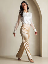 [Hvit] SilkSilky-NO Long Sleeve Lapel Collar Skjorte for Kvinner 008