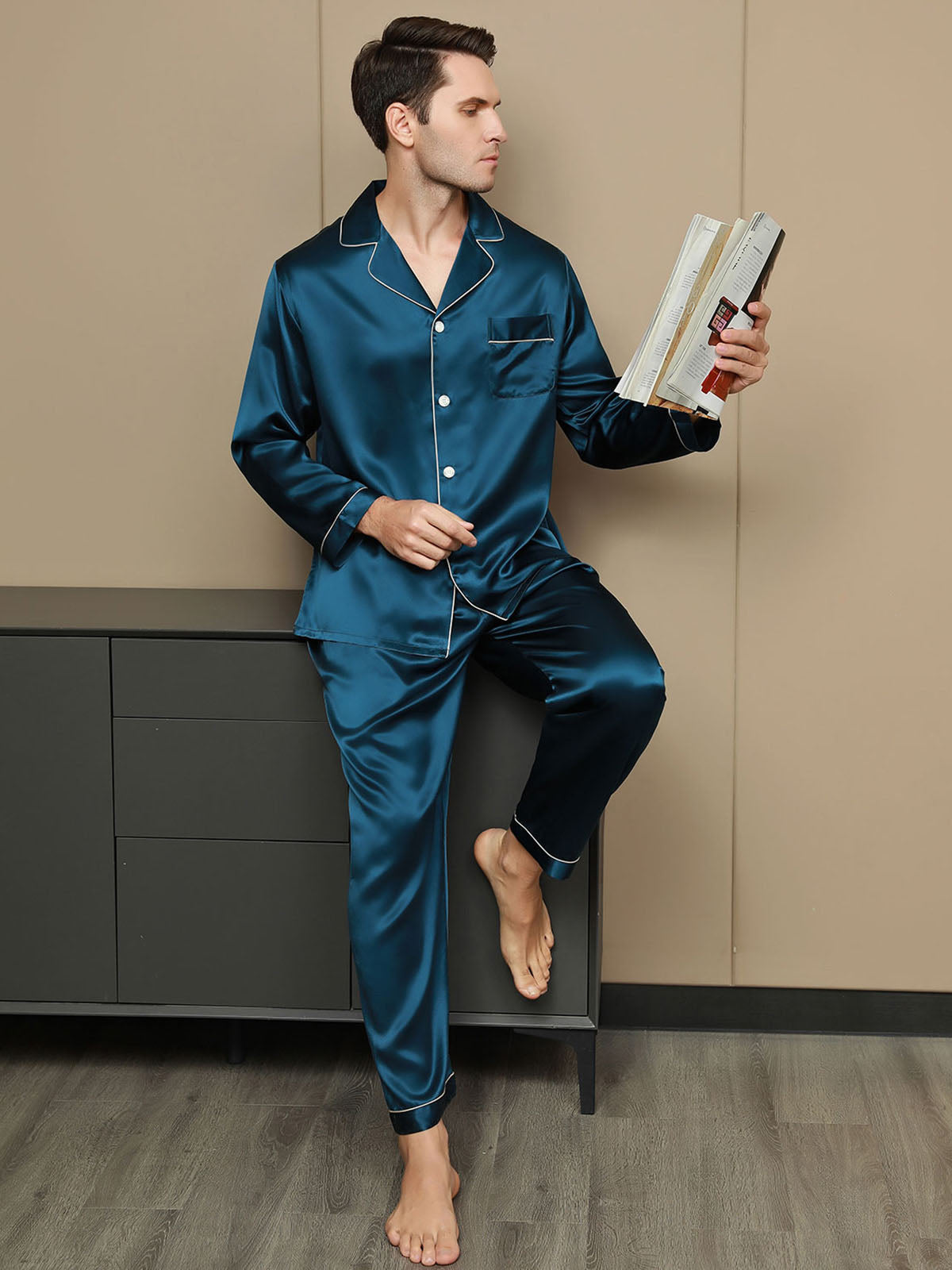 [Blågrønn] SilkSilky-NO 19Momme Mens Pajamas 001