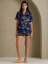 [Marineblå Løve] SilkSilky-NO Short Sleeve Notch Collar Pyjamas for Kvinner 007