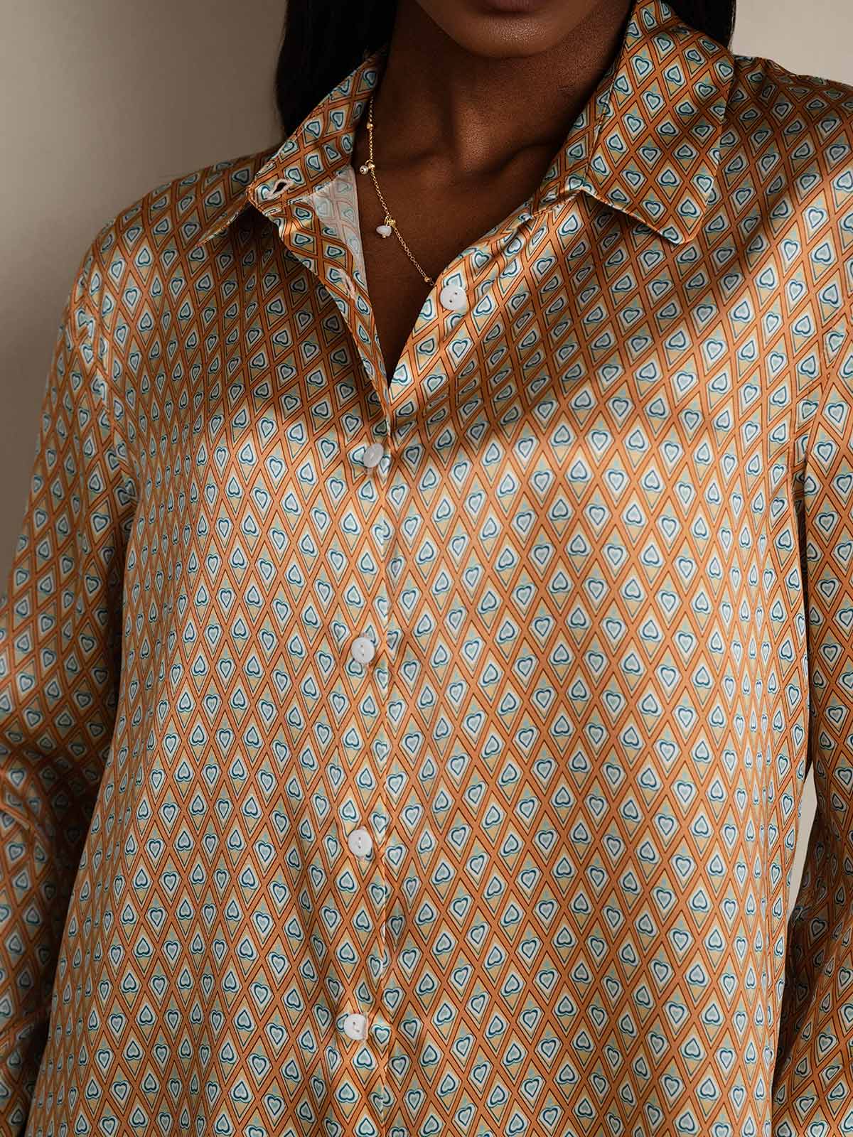 [Floral] SilkSilky-NO Silke Lapel Collar Skjorte for Kvinner 009