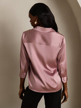 [Blek Mauve] SilkSilky-NO 3/4 Sleeve Lapel Collar Skjorte for Kvinner 002