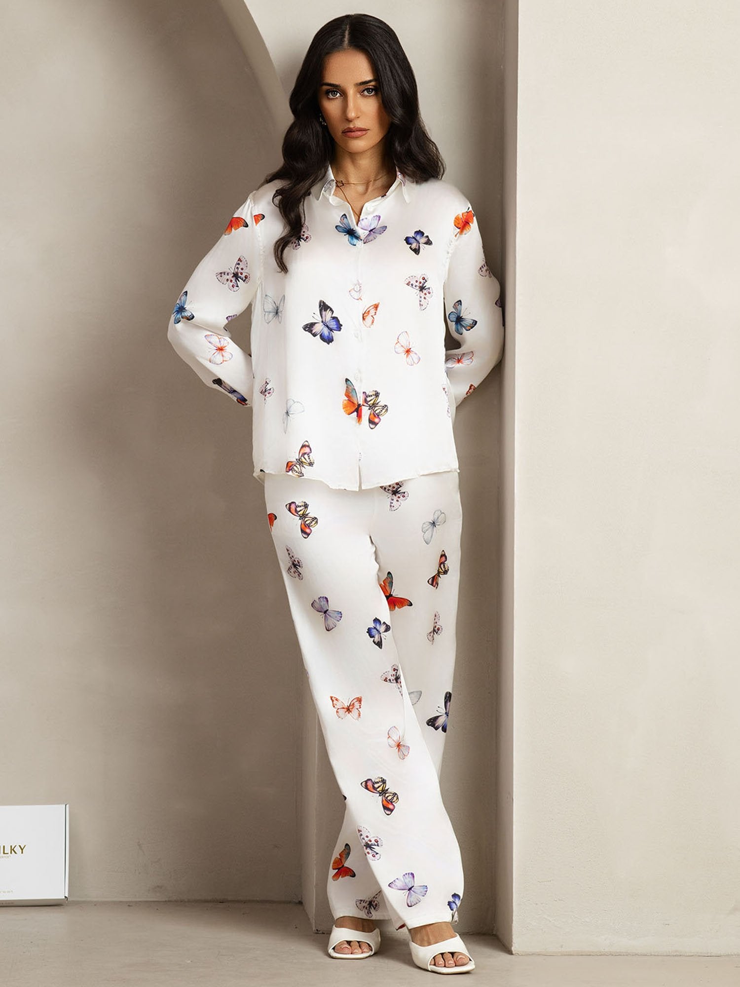 [HvitSommerfugl] SilkSilky-NO 19Momme Silke Lapel Collar Women''s Outfit Sets 003