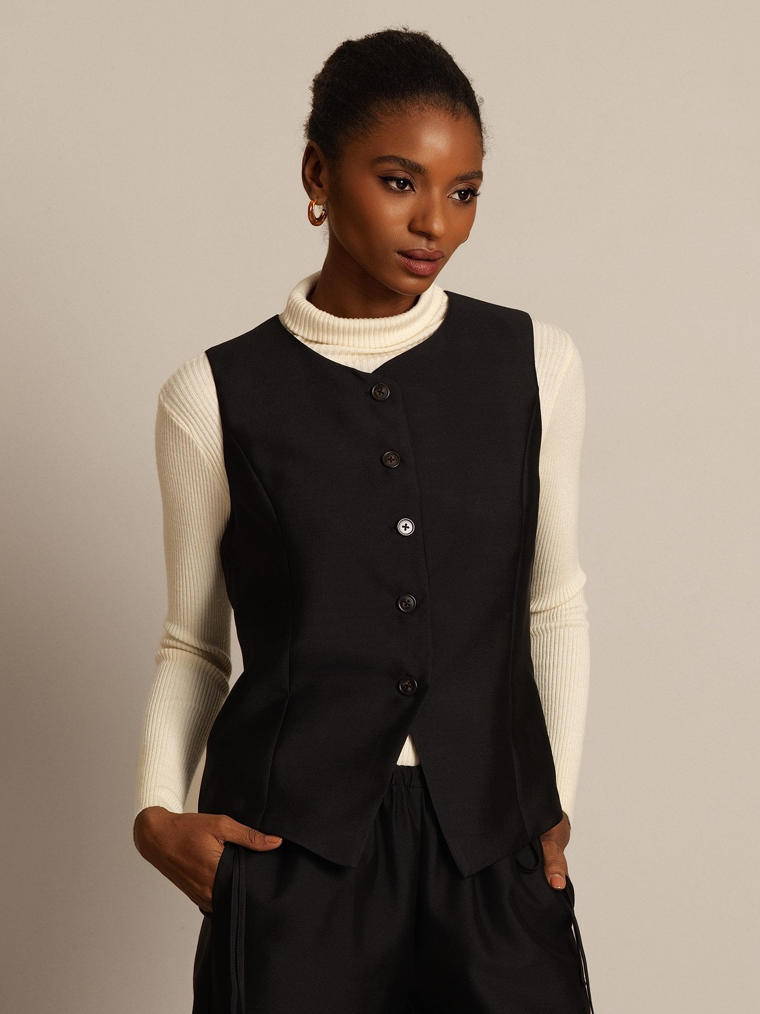 [Svart] SilkSilky-NO 32Momme Silk-Wool Blend Womens Vest 007,