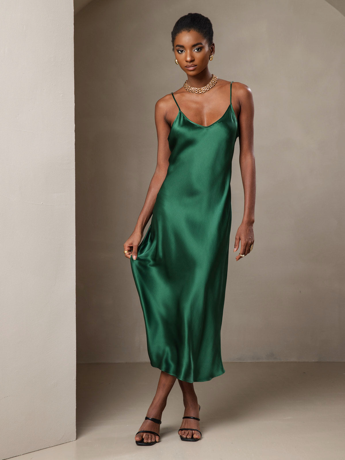 [Grønn] SilkSilky-NO Pure Silk Sleeveless Round Neck Kjole 006