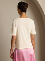 [Beige] SilkSilky-NO Kort erm V Hals T-skjorte for Kvinner 002