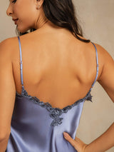 [Stål Blå] SilkSilky-NO Spaghetti Strap V Neck Nattkjole 005