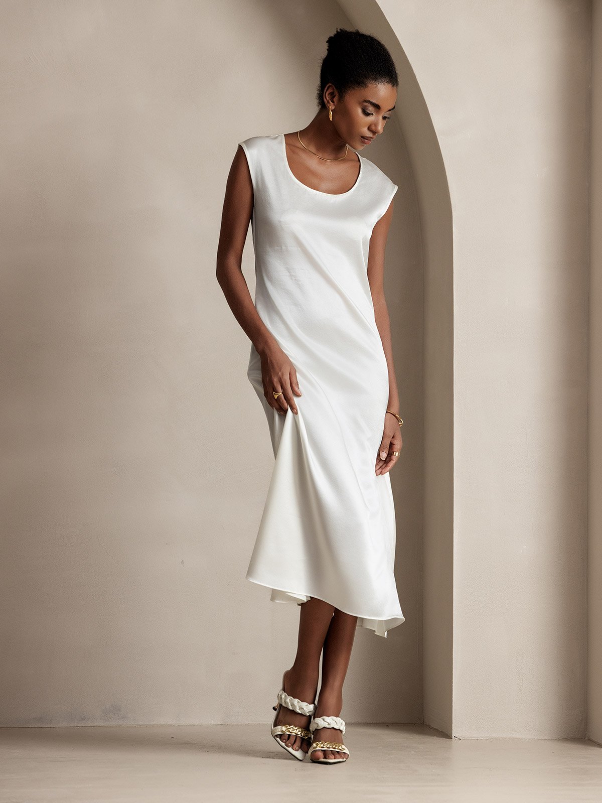 [Hvit] SilkSilky-NO 19Momme Silke Dress 006