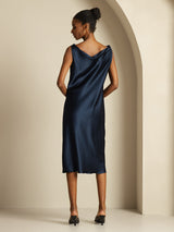 [Mørke blå] SilkSilky-NO Sleeveless Cowl Neck Kjole 002