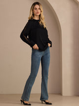 [Svart] SilkSilky-NO Long Sleeve Keyhole Neck Damebluser 007