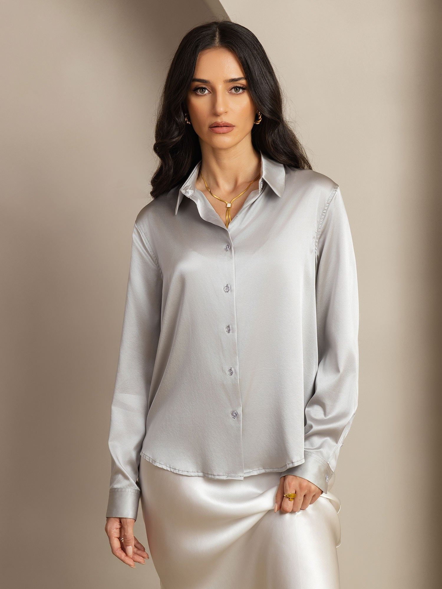 [Lysegrå] SilkSilky-NO Silke Lapel Collar Skjorte for Kvinner 001