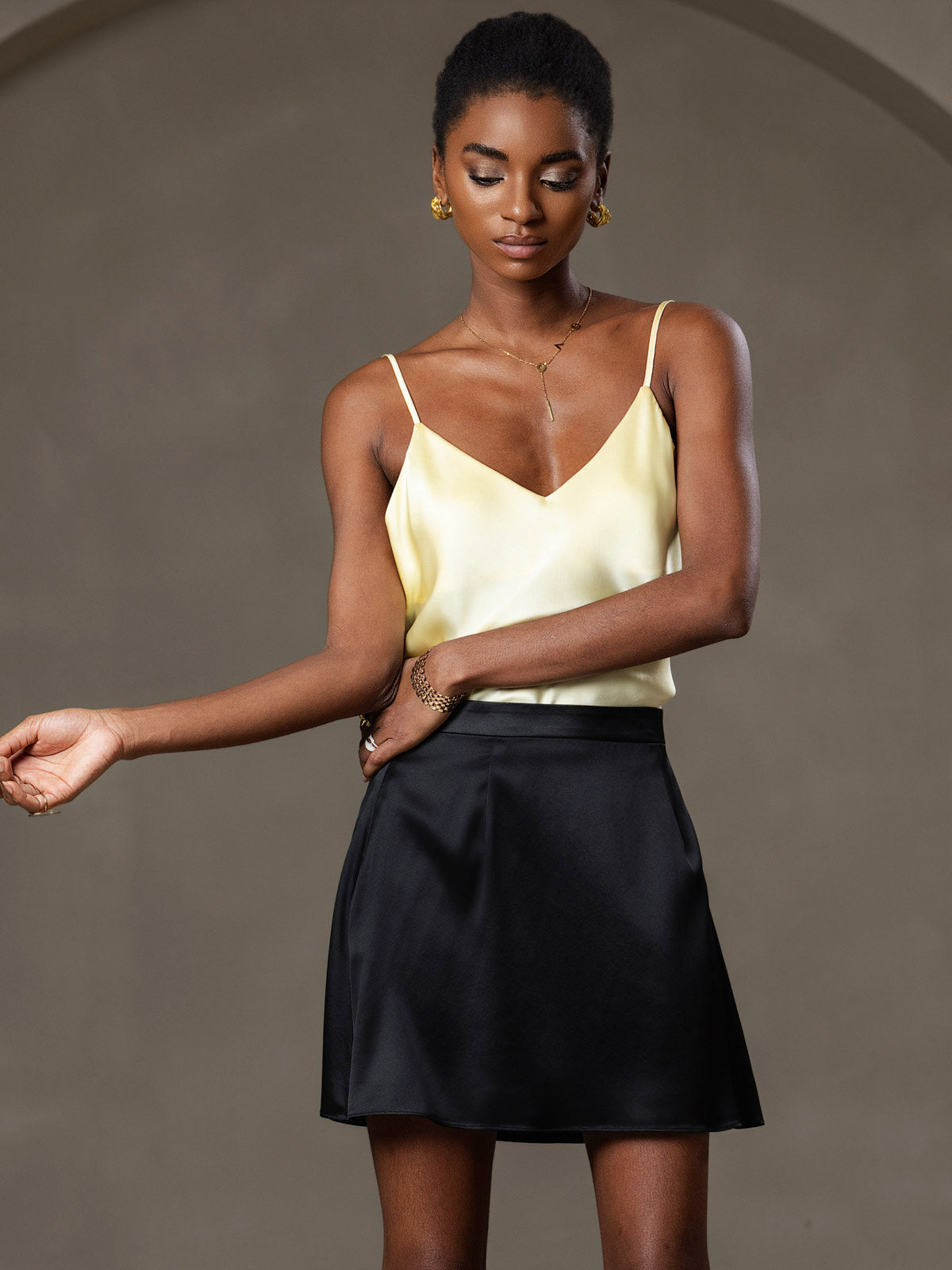 [Lys Gul] SilkSilky-NO V-Hals Camisole Topp 007