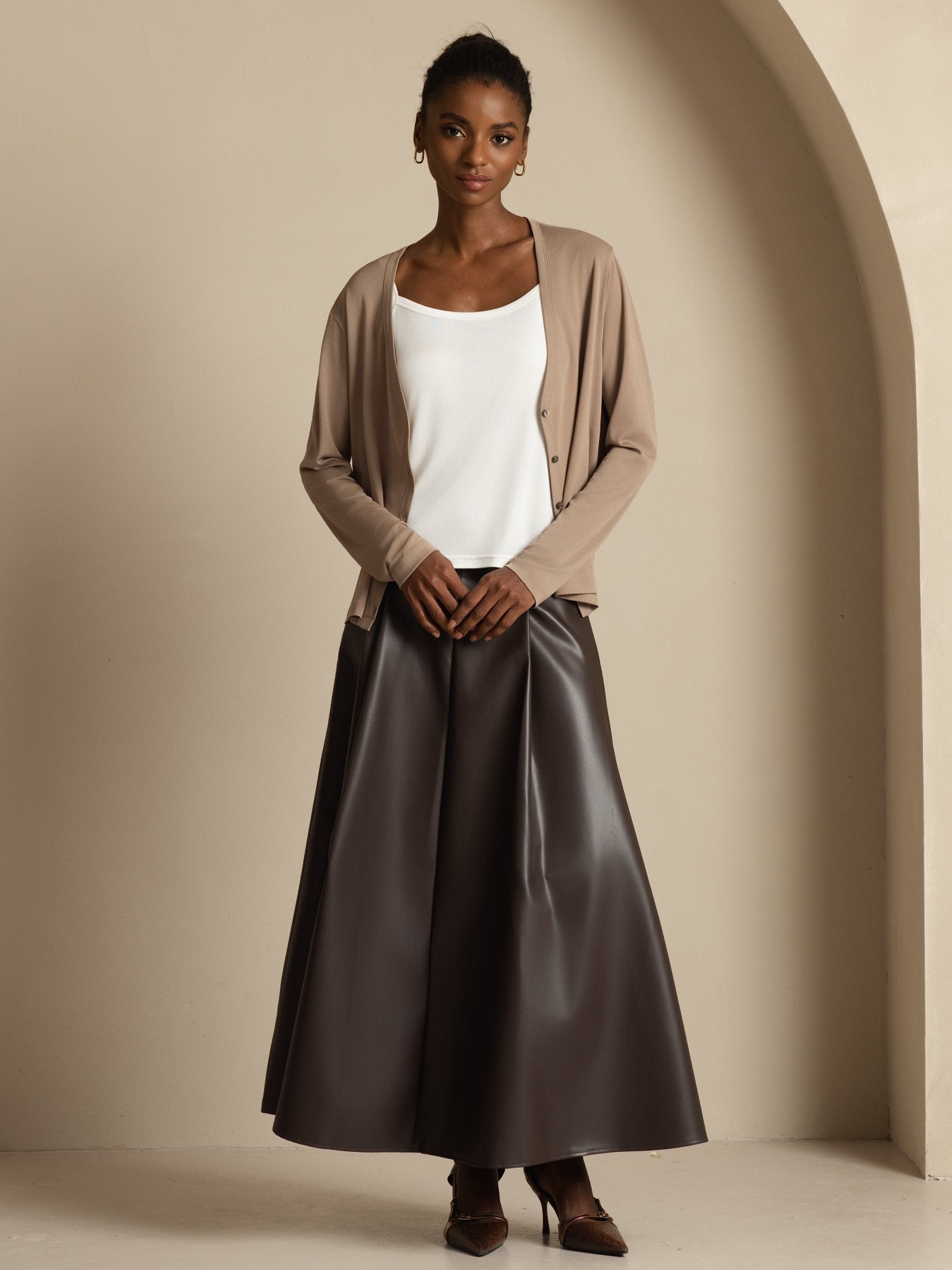 [Tan] SilkSilky-NO 19Momme Silke Langermet V Hals Dame Cardigan 008