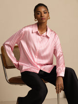 [Rosa Stripe] SilkSilky-NO Long Sleeve Lapel Collar Skjorte for Kvinner 009