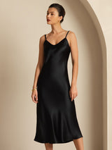 [Svart] SilkSilky-NO Spaghetti Strap V Neck Kjole 006