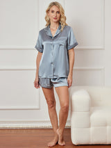 [Stål Blå] SilkSilky-NO Short Sleeve Lapel Collar Pyjamas for Kvinner 003