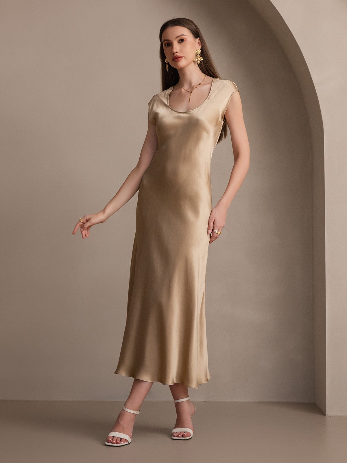 [Champagne] SilkSilky-NO 19Momme Silke Dress 006