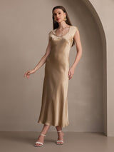 [Champagne] SilkSilky-NO Cap Sleeve Scoop Neck Kjole 006
