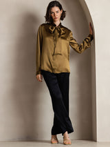 [Brun] SilkSilky-NO Long Sleeve Tie Neck Damebluser 005