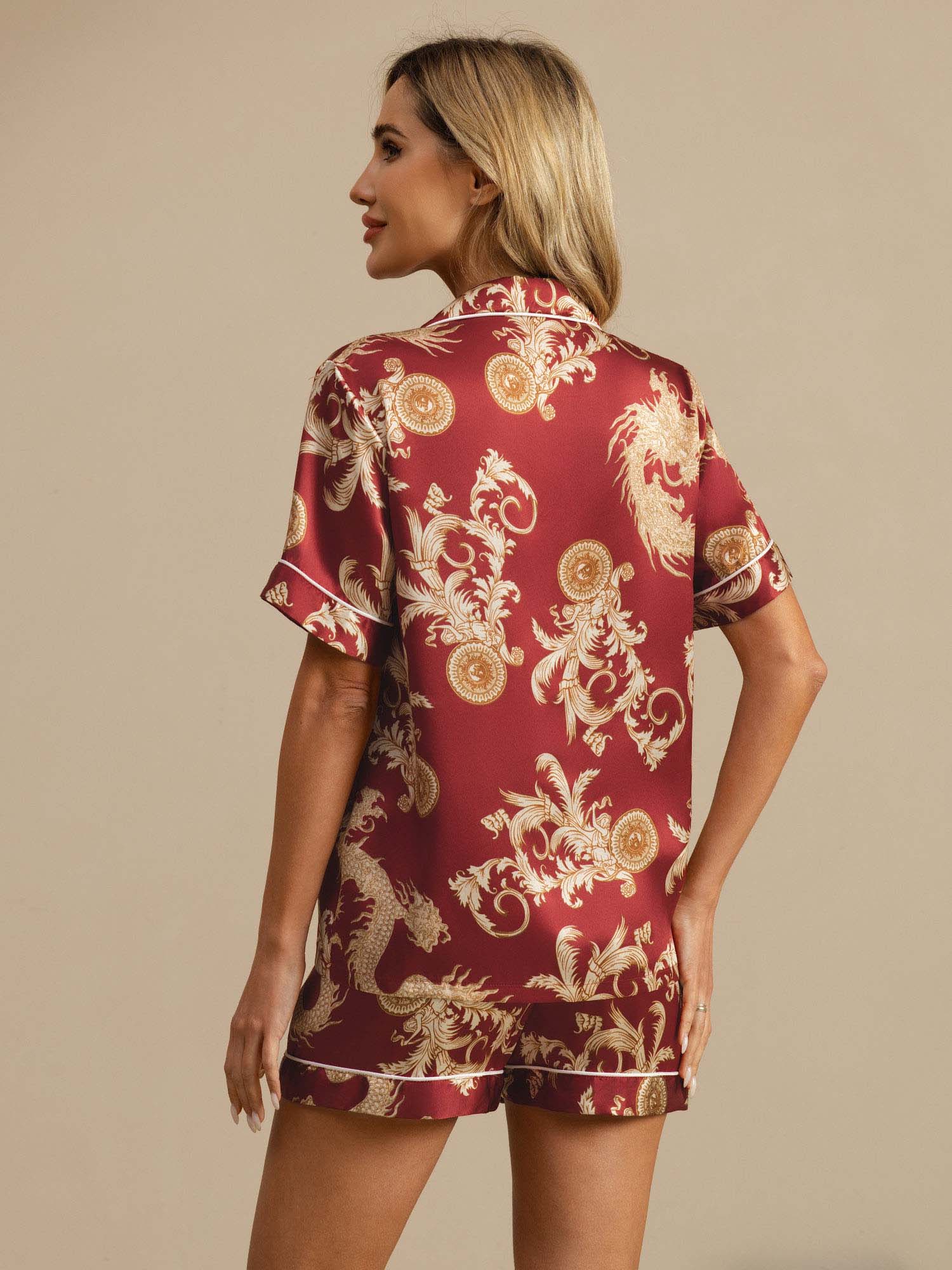 [Vinrød Drage] SilkSilky-NO Kort erm Notchkrage Pyjamas for Kvinner 002