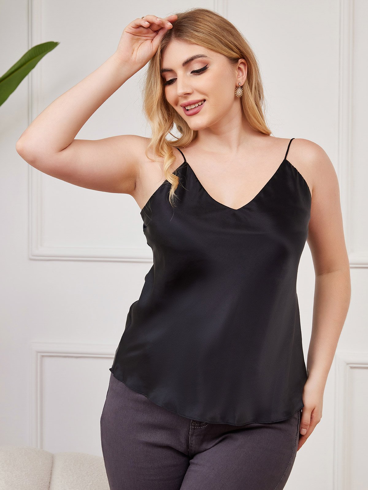 [Svart] SilkSilky-NO Pure Silk V-Hals Plus Size Camisole Top 003