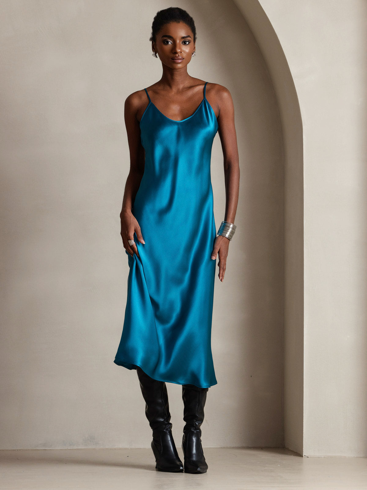 [Blågrønn] SilkSilky-NO Pure Silk Sleeveless Round Neck Kjole 005