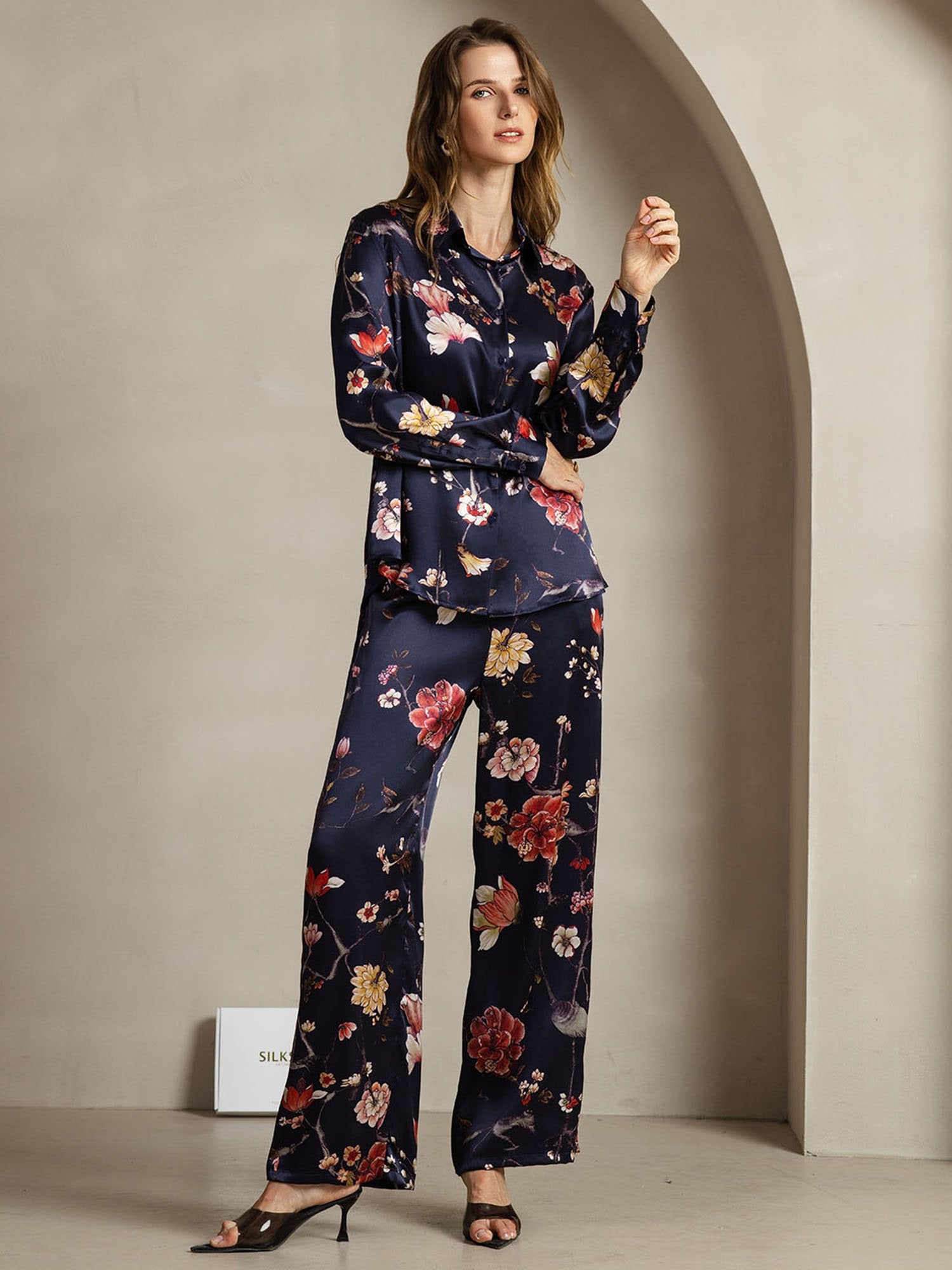 [MarineBlomster] SilkSilky-NO 19Momme Silke Lapel Collar Women''s Outfit Sets 004