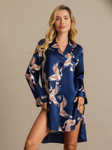 [Mørke blå] SilkSilky-NO Long Sleeve Lapel Collar Soveskjorte 006