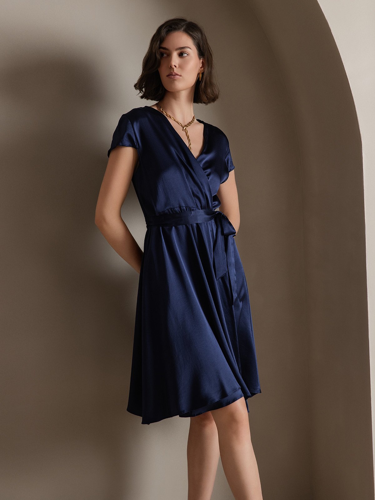 SilkSilky US 19Momme Silk Blend Short Sleeve V Neck Dress DarkBlue 005