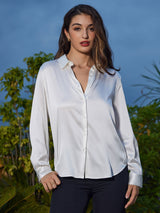 [Hvit] SilkSilky-NO Long Sleeve Lapel Collar Skjorte for Kvinner 005