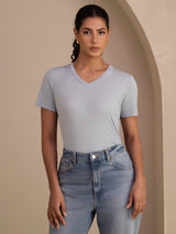 [Gråblå] SilkSilky-NO Short Sleeve V Neck T-skjorte for Kvinner 003