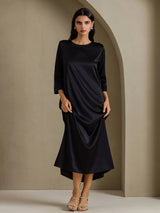 [Svart] SilkSilky-NO 3/4 Sleeve Round Neck Kjole 004