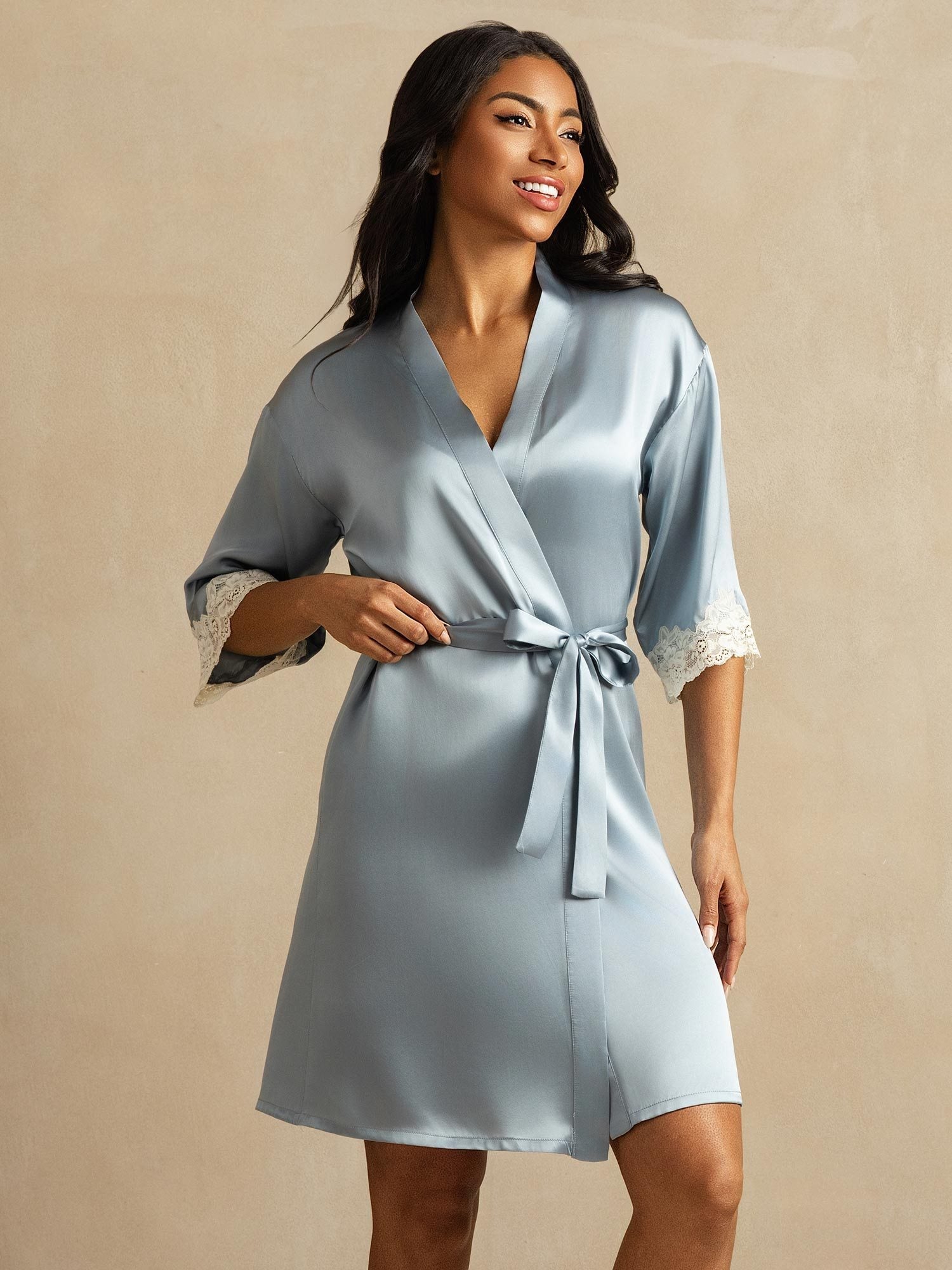 [Gråblå] SilkSilky-NO Silke Womens Robe 001