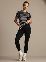 [Svart Stripe] SilkSilky-NO Kort erm Tett Crew Neck T-skjorte for Kvinner 007