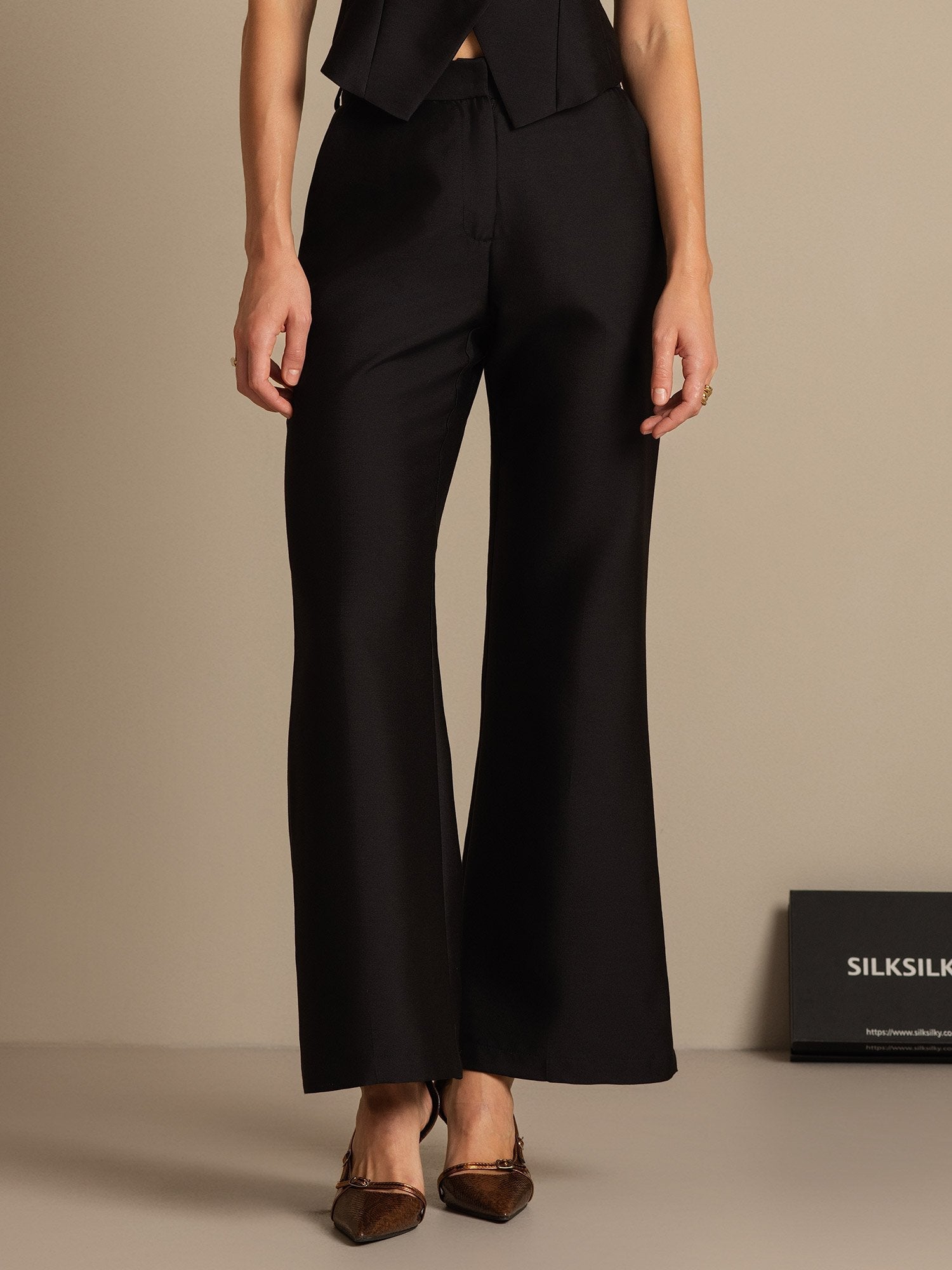 [Svart] SilkSilky-NO 32Momme Silk-Wool Blend Womens Pants 003,