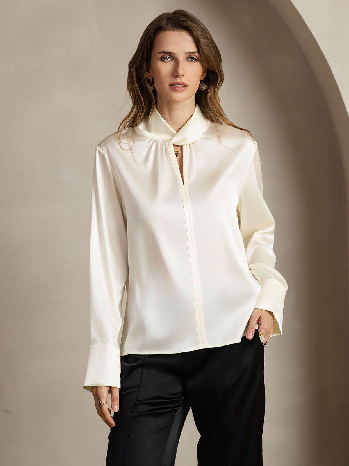 [Elfenbein] SilkSilky-NO 19Momme Silke Womens Shirt 001