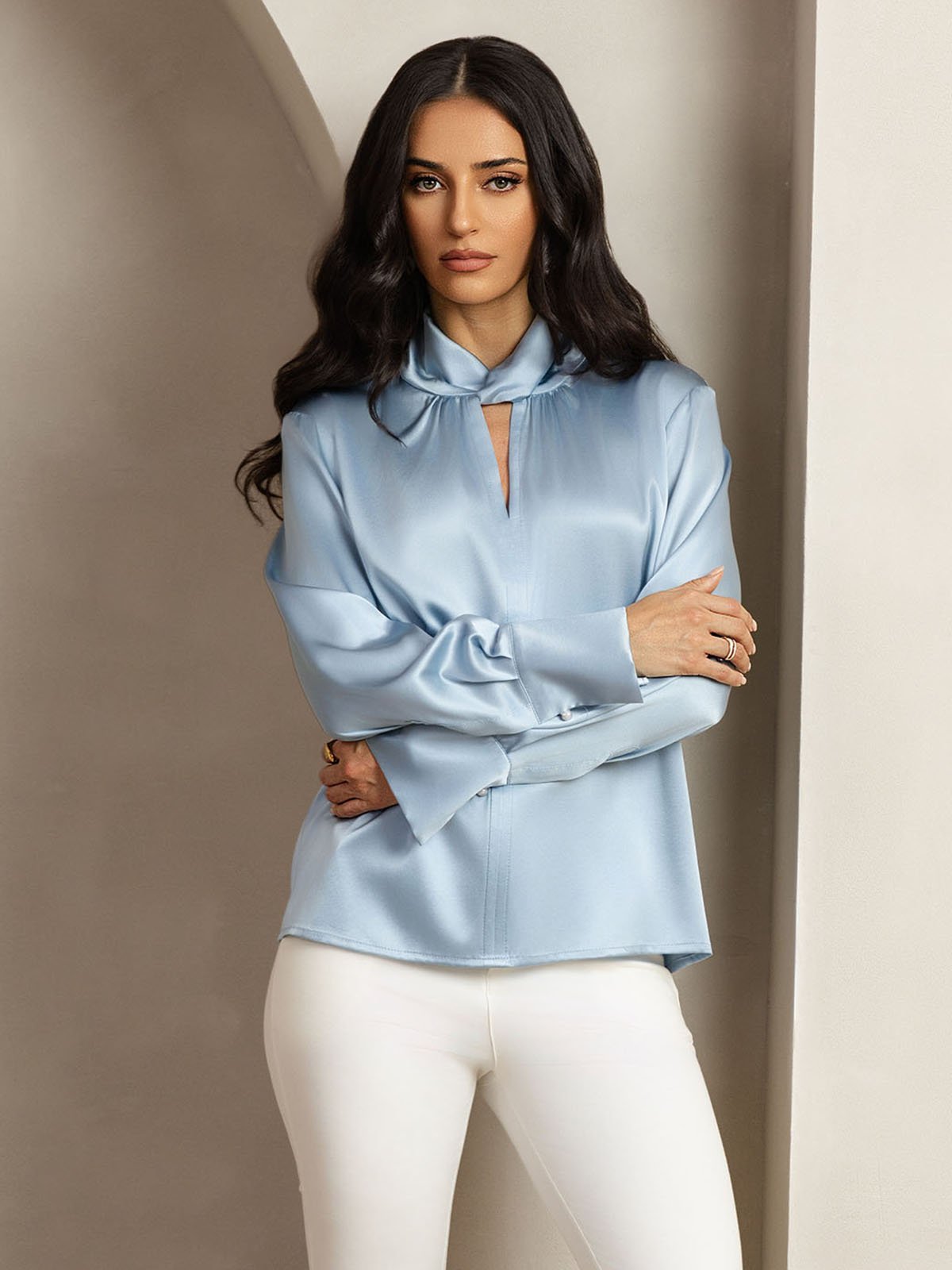[Gråblå] SilkSilky-NO 19Momme Silke Womens Shirt 006